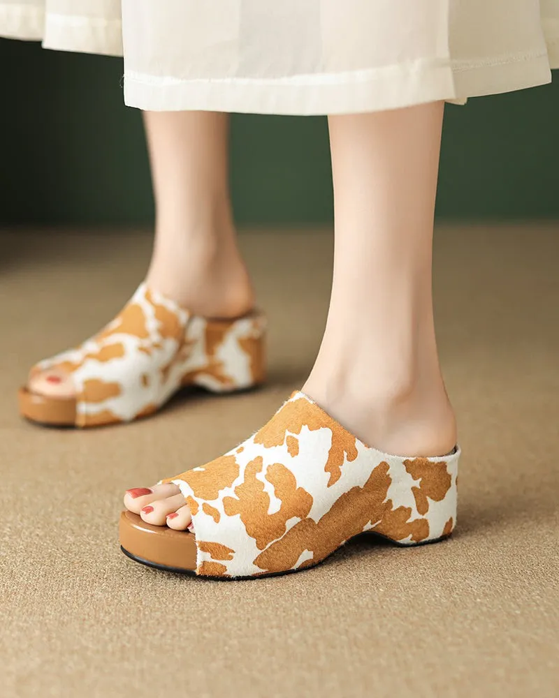 Calf Hair Leather Open Toe Chunky Clog Slide Platform Sandals