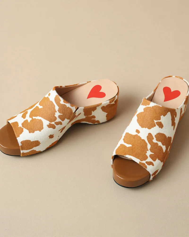 Calf Hair Leather Open Toe Chunky Clog Slide Platform Sandals
