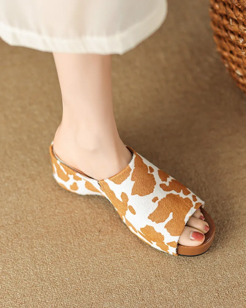 Calf Hair Leather Open Toe Chunky Clog Slide Platform Sandals