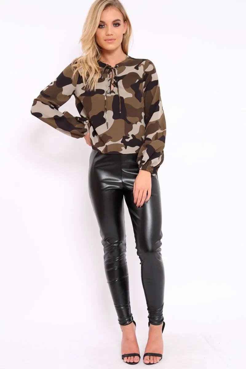 Camo Lace Up Front Blouse - Zion