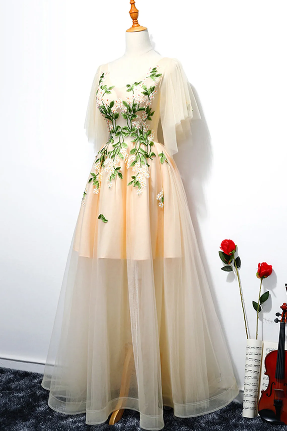 Champagne A Line Tulle V Neck Long Embroidery Lace Short Sleeves Evening Dress OHC469
