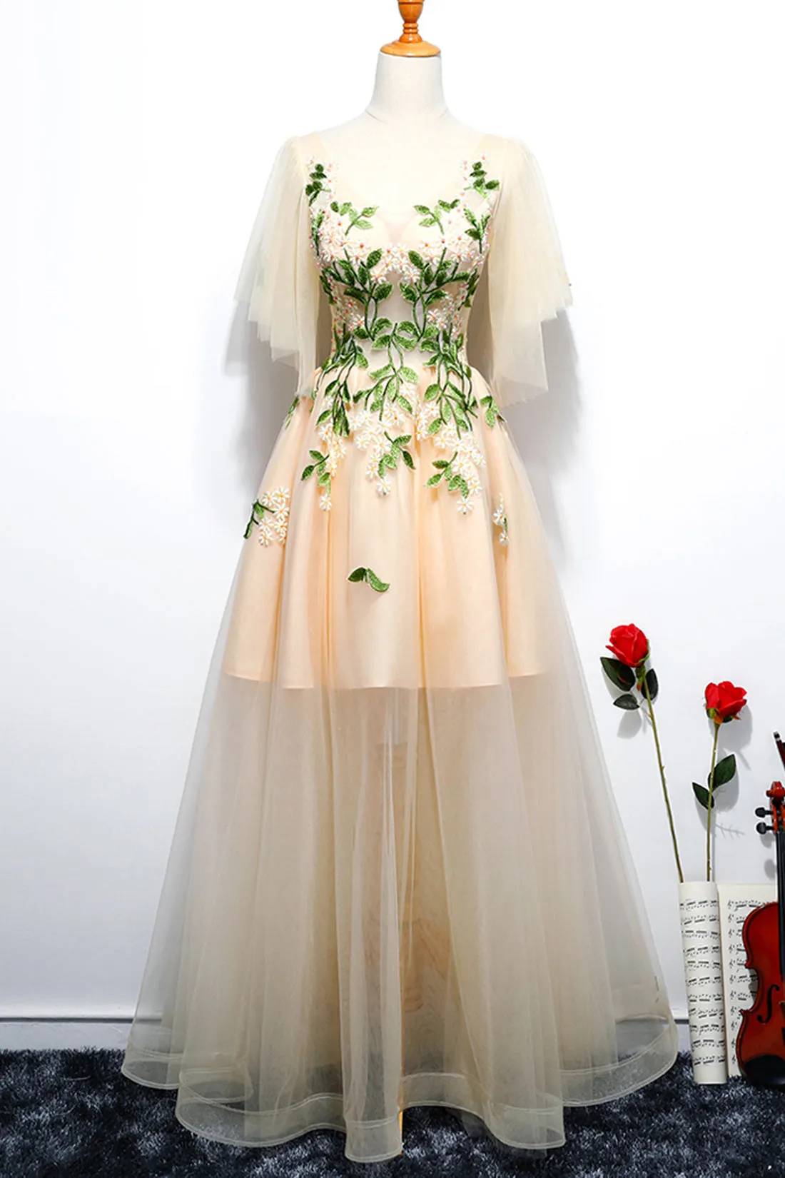 Champagne A Line Tulle V Neck Long Embroidery Lace Short Sleeves Evening Dress OHC469