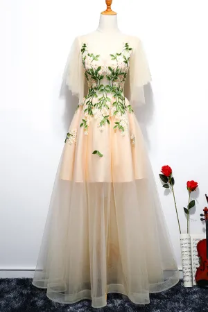 Champagne A Line Tulle V Neck Long Embroidery Lace Short Sleeves Evening Dress OHC469