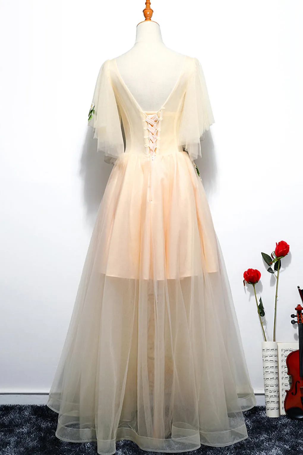 Champagne A Line Tulle V Neck Long Embroidery Lace Short Sleeves Evening Dress OHC469