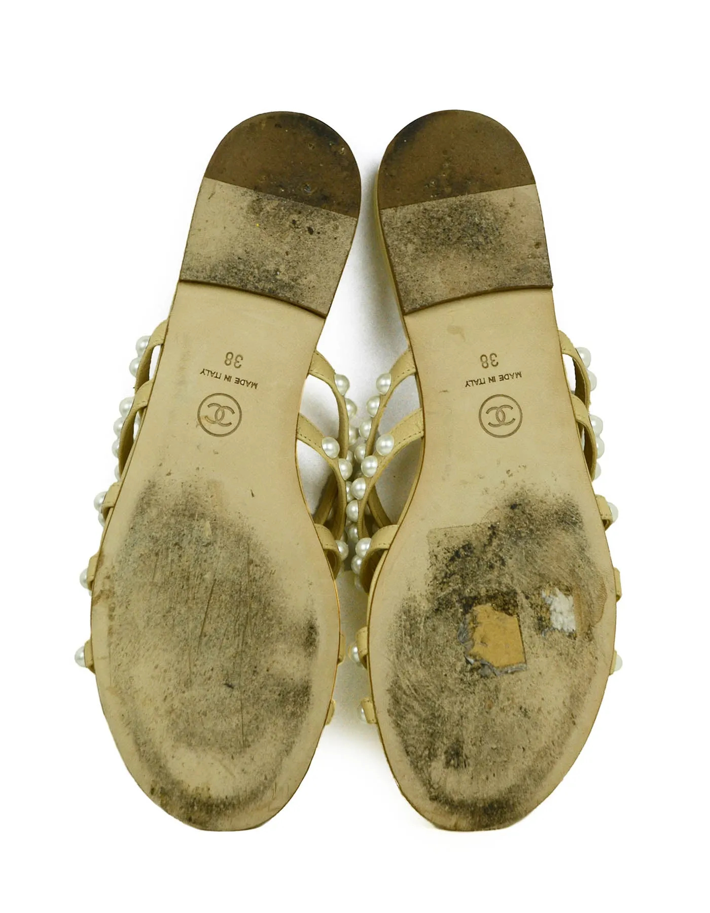 Chanel Beige Leather Faux Pearl Open Toe Flat Sandals sz 38