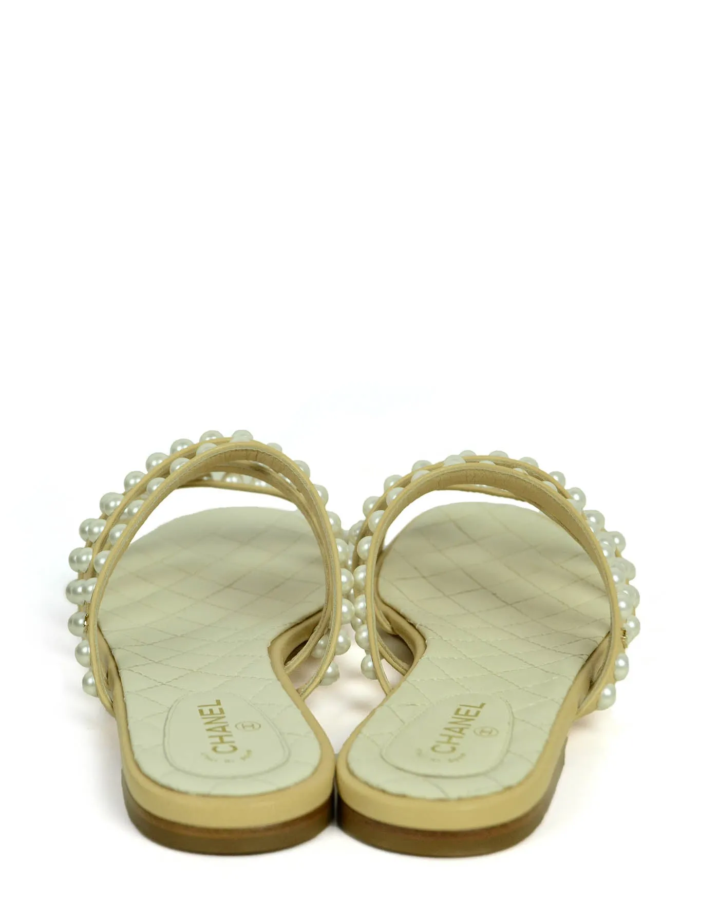 Chanel Beige Leather Faux Pearl Open Toe Flat Sandals sz 38