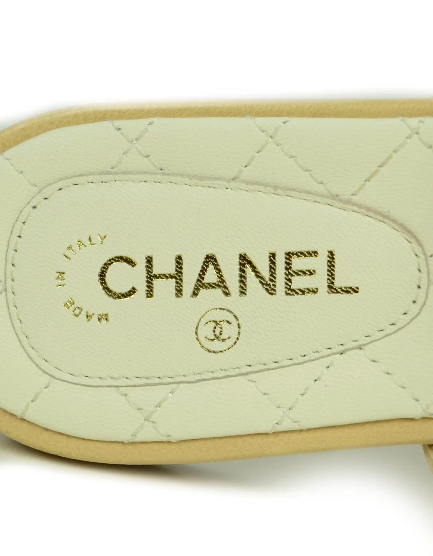 Chanel Beige Leather Faux Pearl Open Toe Flat Sandals sz 38