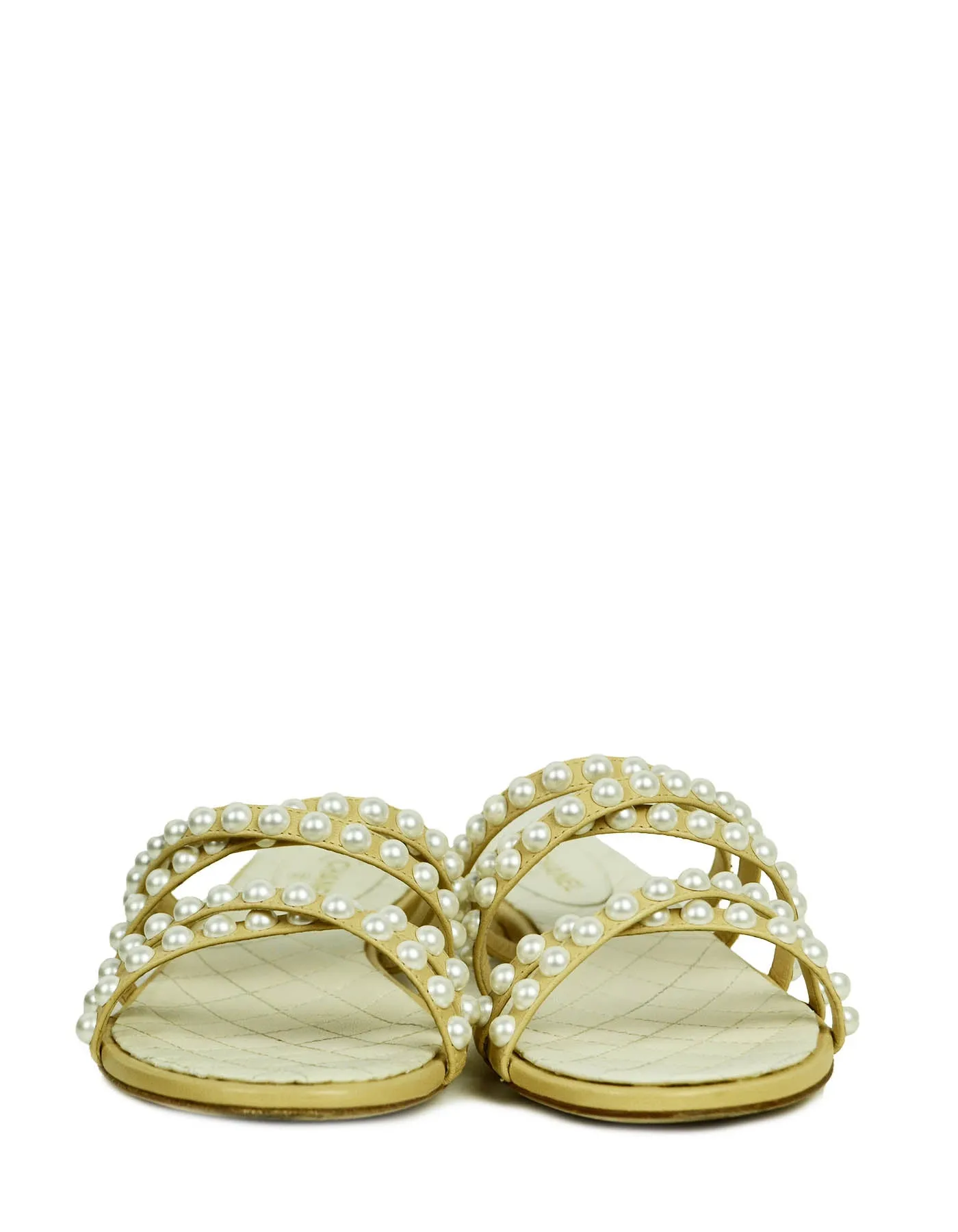 Chanel Beige Leather Faux Pearl Open Toe Flat Sandals sz 38