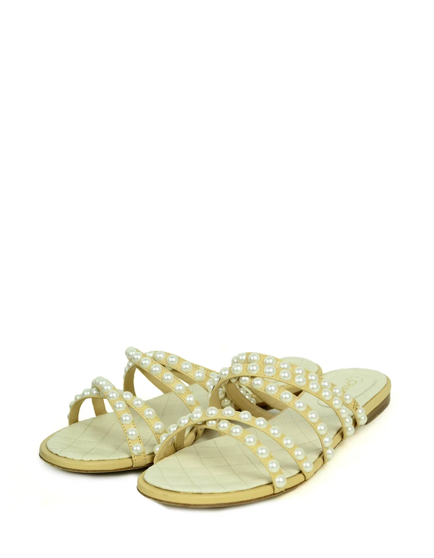 Chanel Beige Leather Faux Pearl Open Toe Flat Sandals sz 38