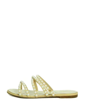 Chanel Beige Leather Faux Pearl Open Toe Flat Sandals sz 38