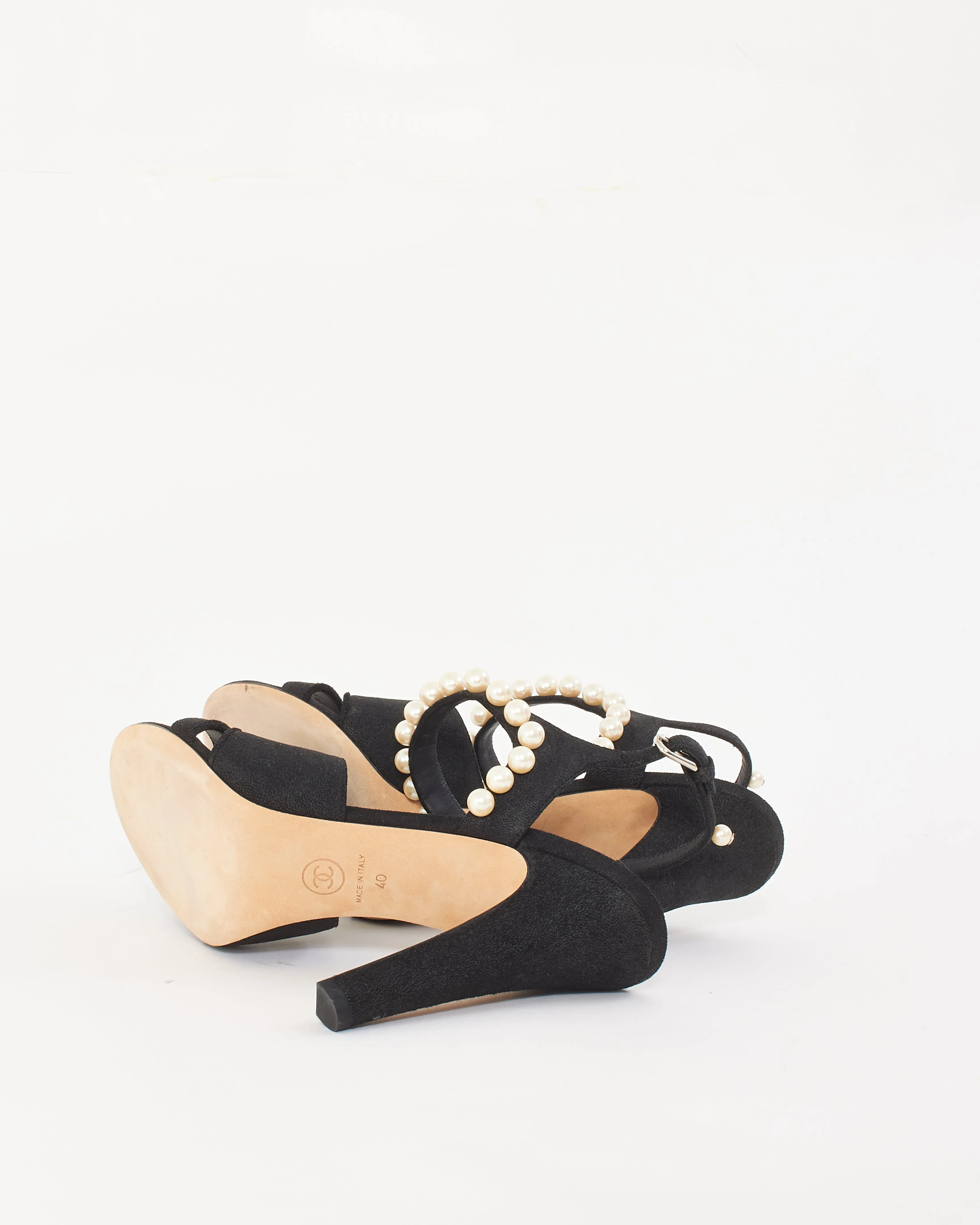 Chanel Black Suede Pearl Embellishment Sandals - 40