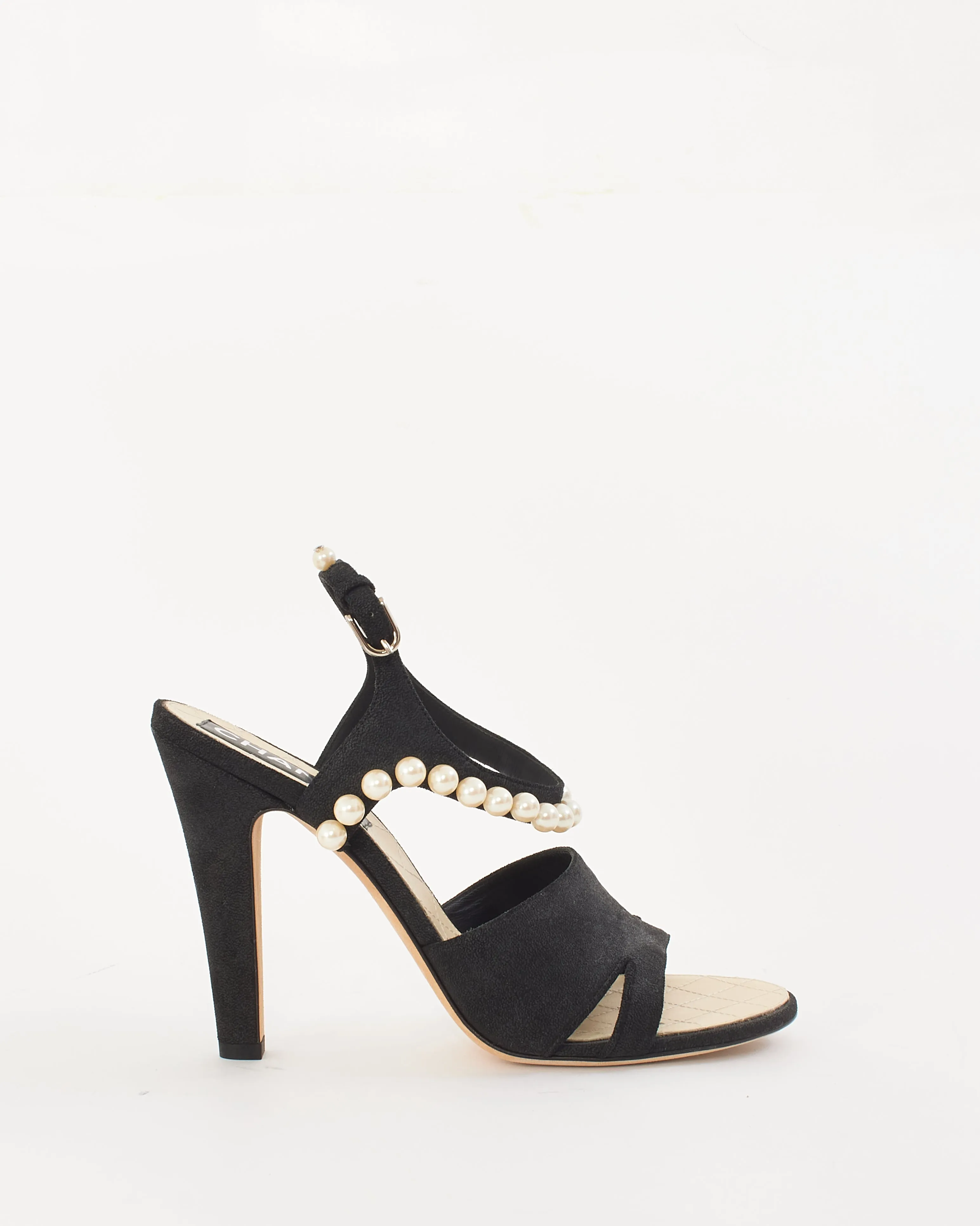 Chanel Black Suede Pearl Embellishment Sandals - 40