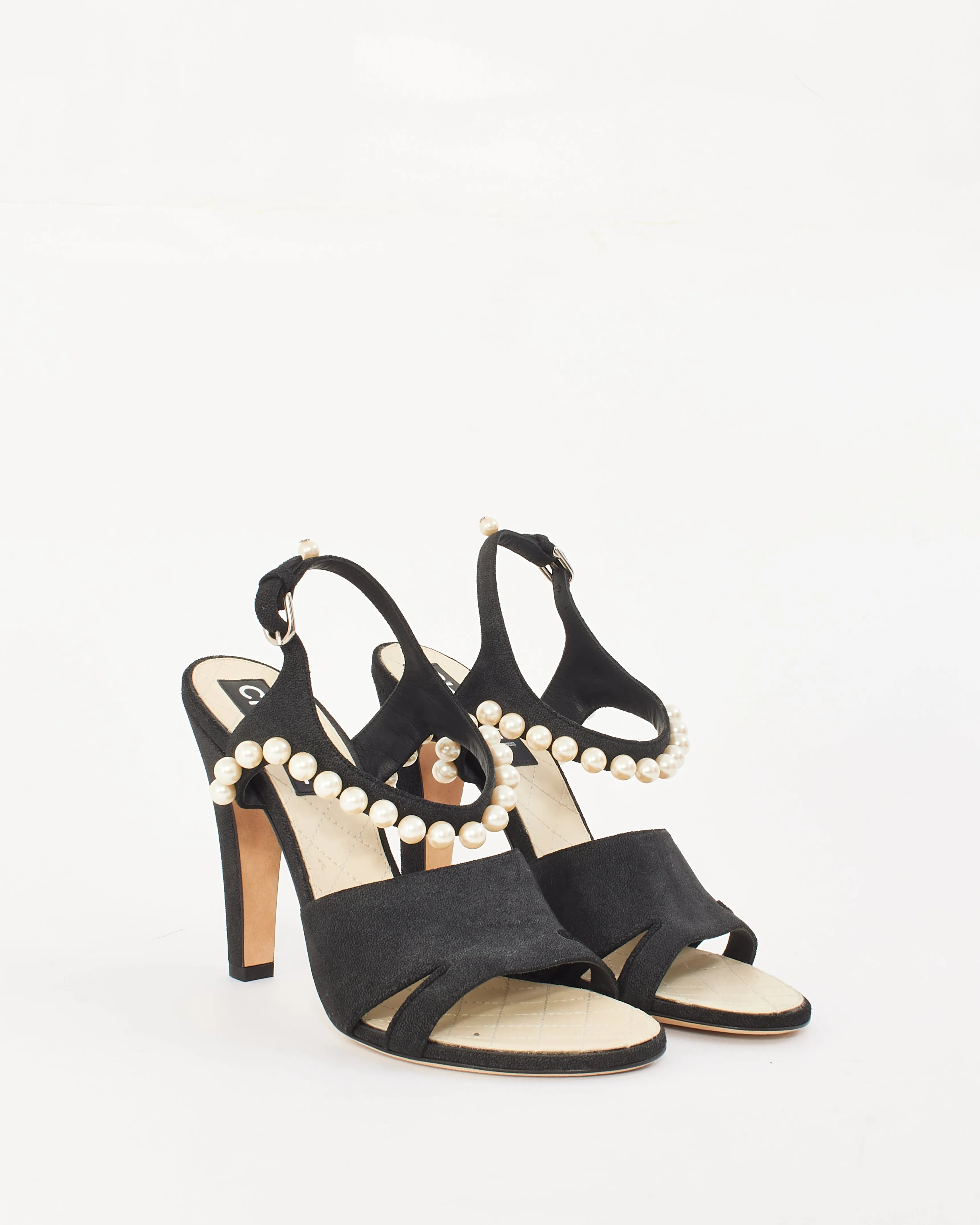 Chanel Black Suede Pearl Embellishment Sandals - 40