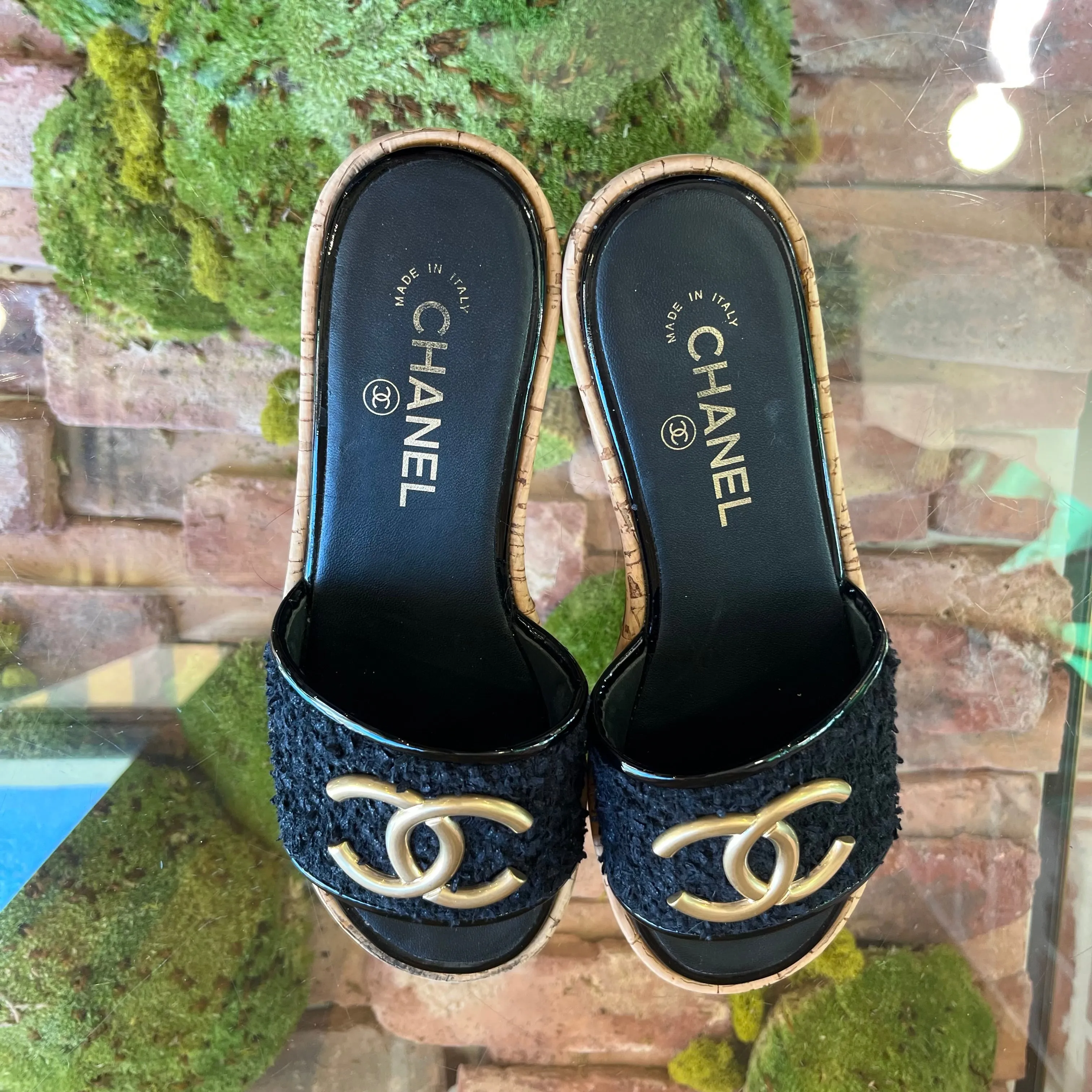 CHANEL Black Tweed Cork CC Mule Sandals SZ37(7US)
