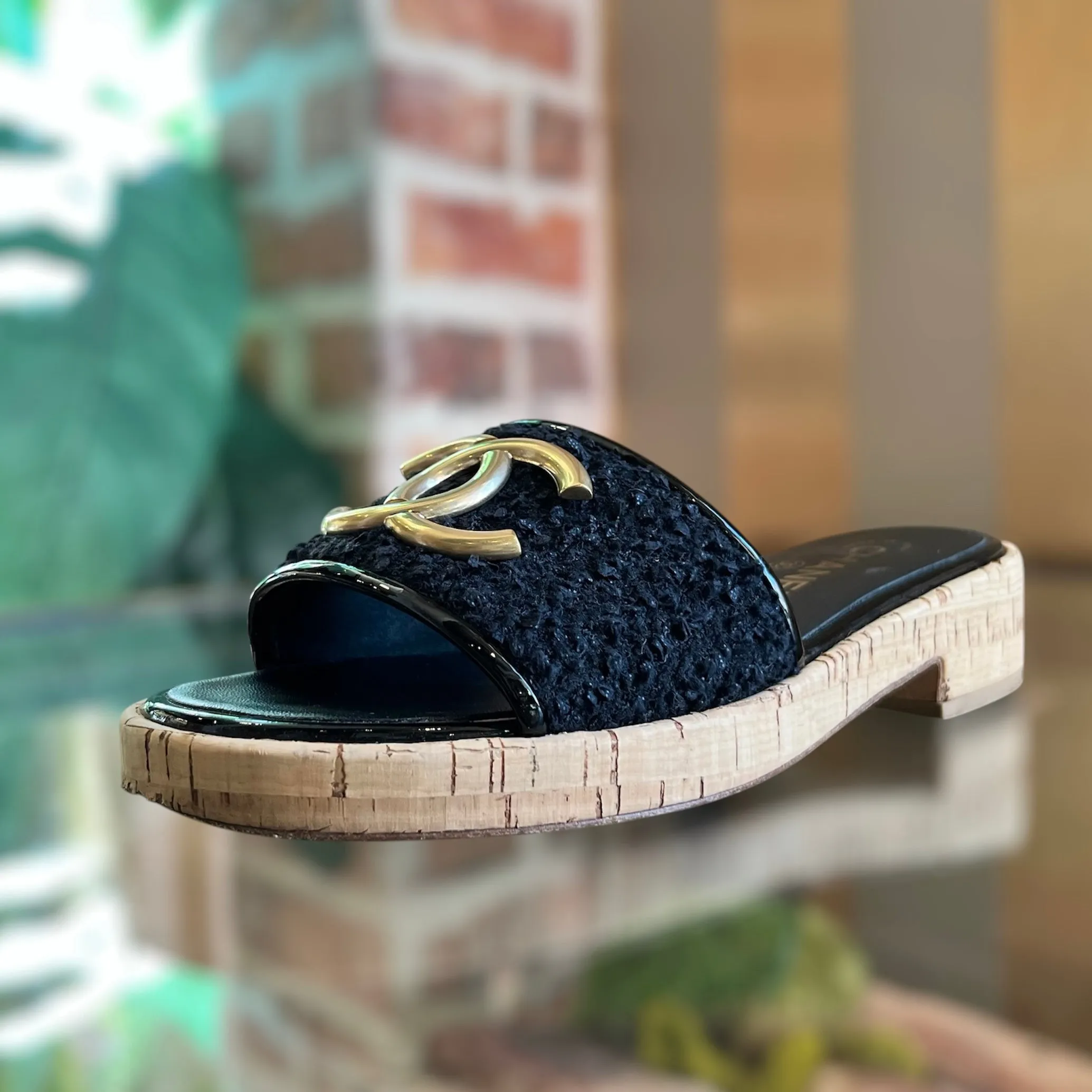 CHANEL Black Tweed Cork CC Mule Sandals SZ37(7US)
