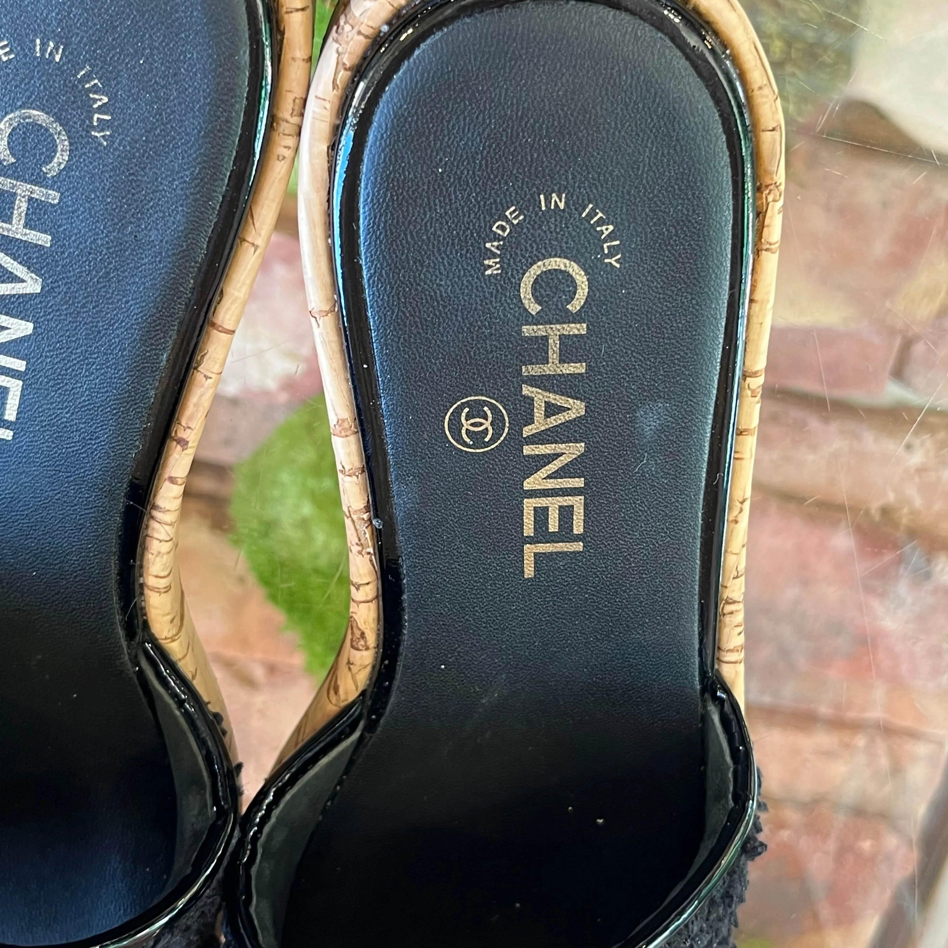 CHANEL Black Tweed Cork CC Mule Sandals SZ37(7US)