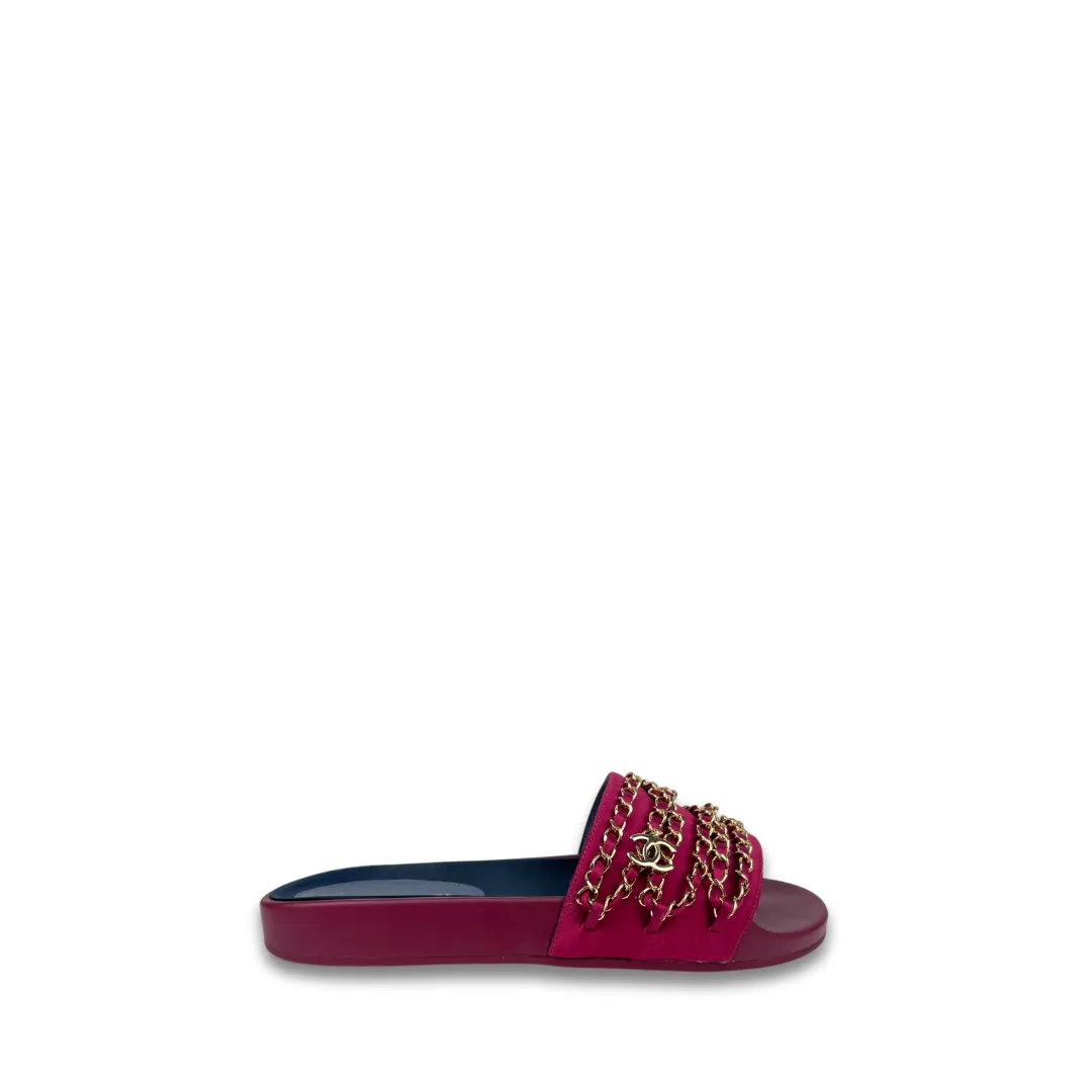 Chanel Fuchsia Satin Chain Slides - Size 39
