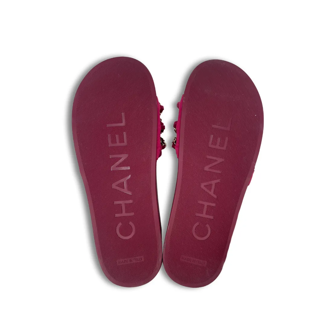 Chanel Fuchsia Satin Chain Slides - Size 39