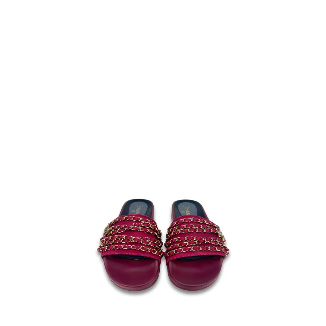 Chanel Fuchsia Satin Chain Slides - Size 39