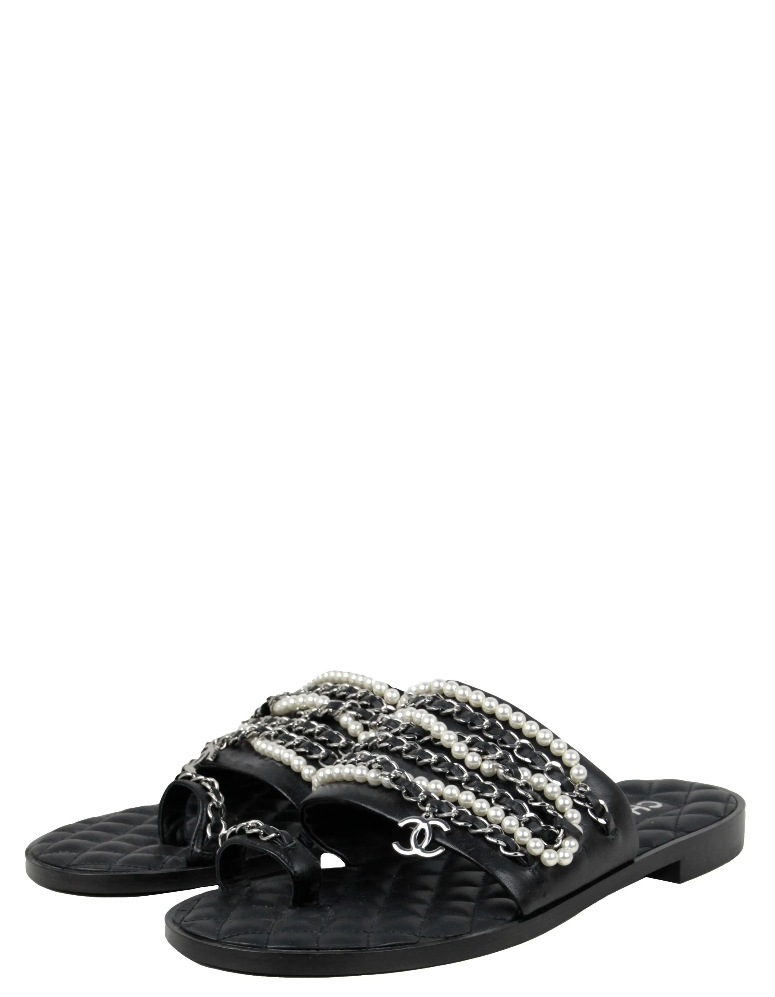 Chanel Pearl and Leather Laced Chain Sandals sz 39C