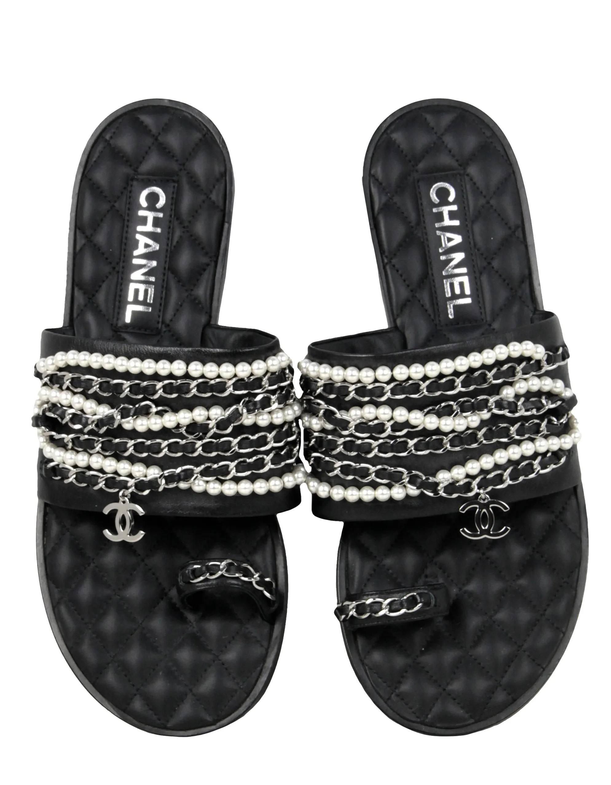 Chanel Pearl and Leather Laced Chain Sandals sz 39C