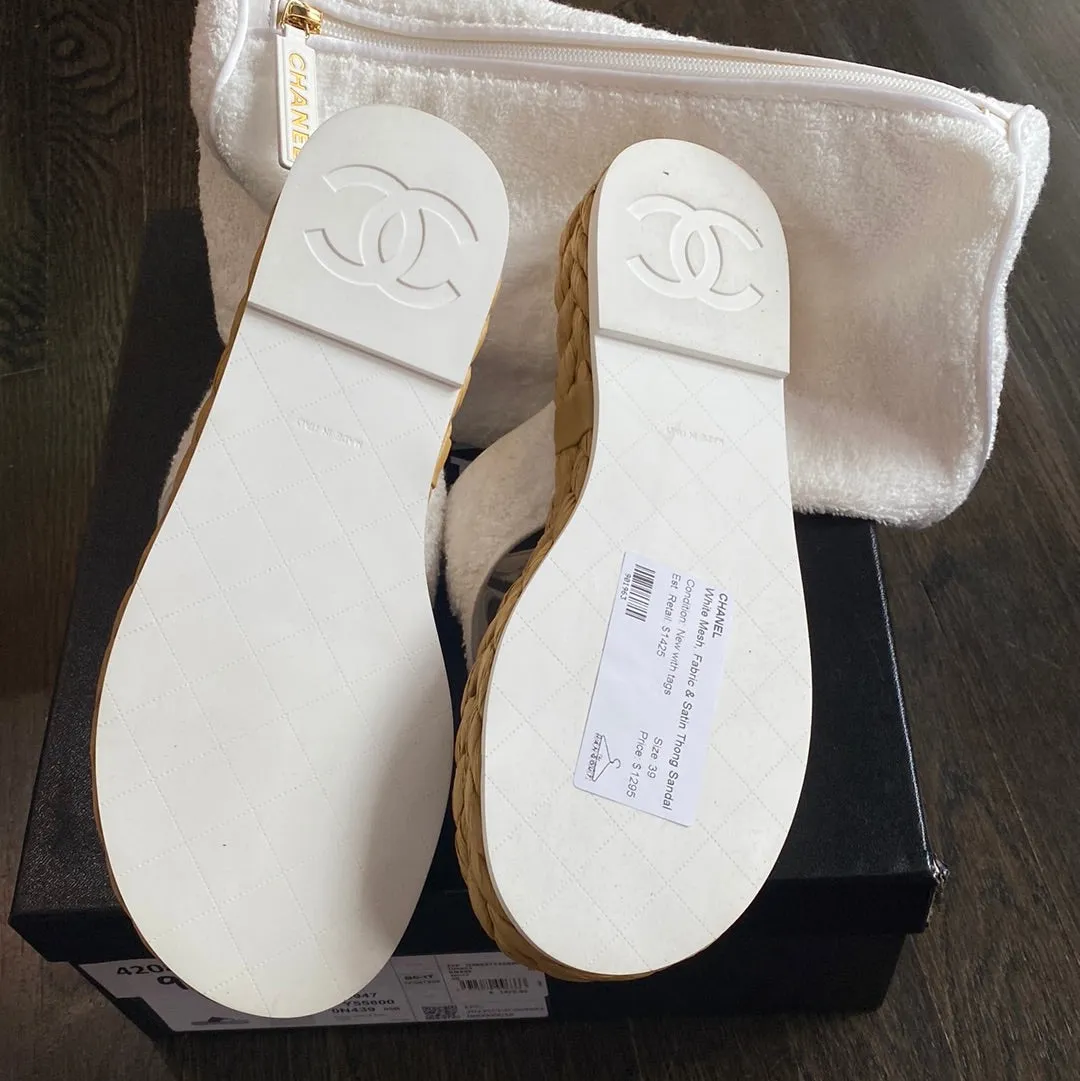 Chanel White Mesh, Fabric & Satin Thong Sandal with Braided Bottom