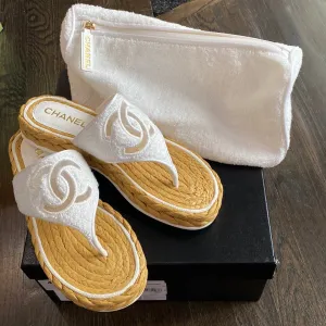 Chanel White Mesh, Fabric & Satin Thong Sandal with Braided Bottom