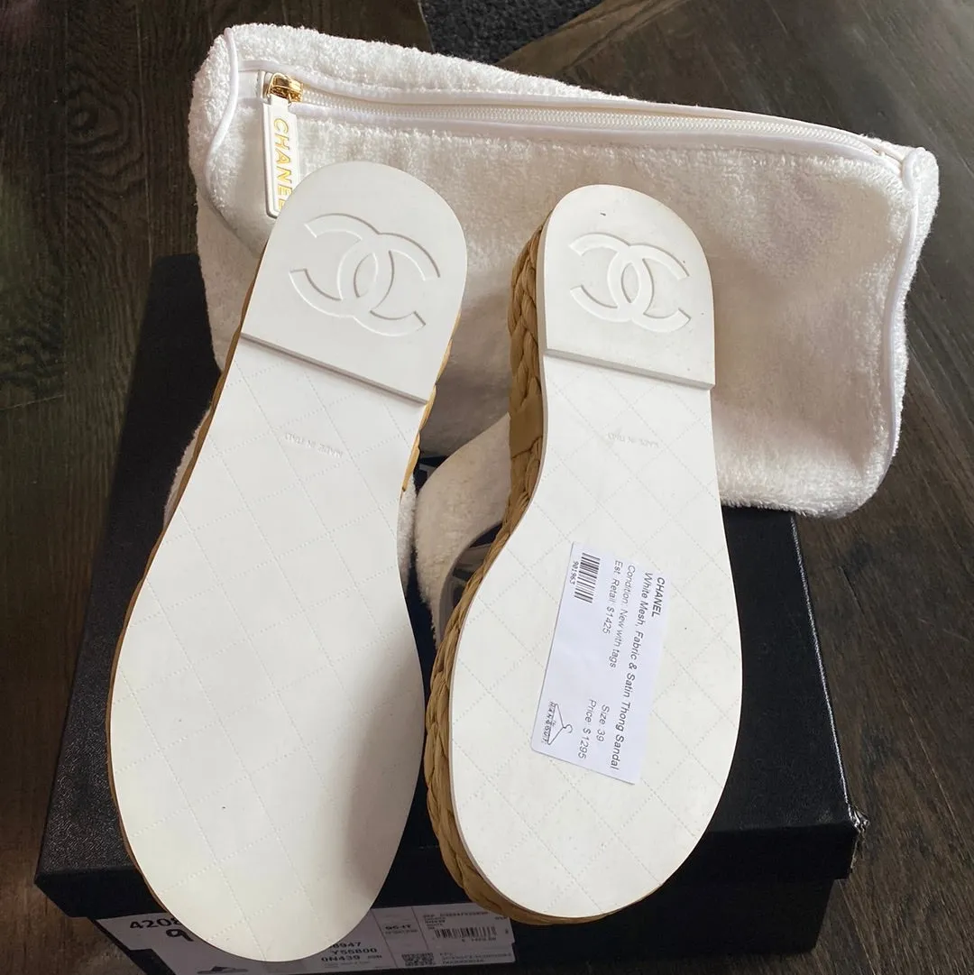 Chanel White Mesh, Fabric & Satin Thong Sandal with Braided Bottom