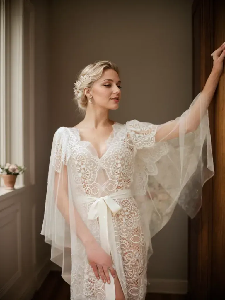 Chantilly Floral Lace Tulle Mesh Long Bridal Robe with Train