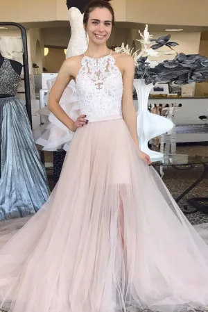 Charming A Line Halter Side Slit Sleeveless Long Pink Tulle White Lace Prom Dress OHC349