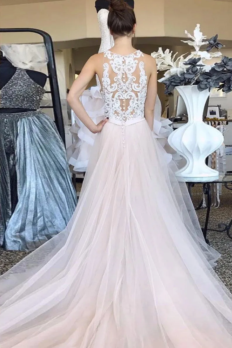 Charming A Line Halter Side Slit Sleeveless Long Pink Tulle White Lace Prom Dress OHC349