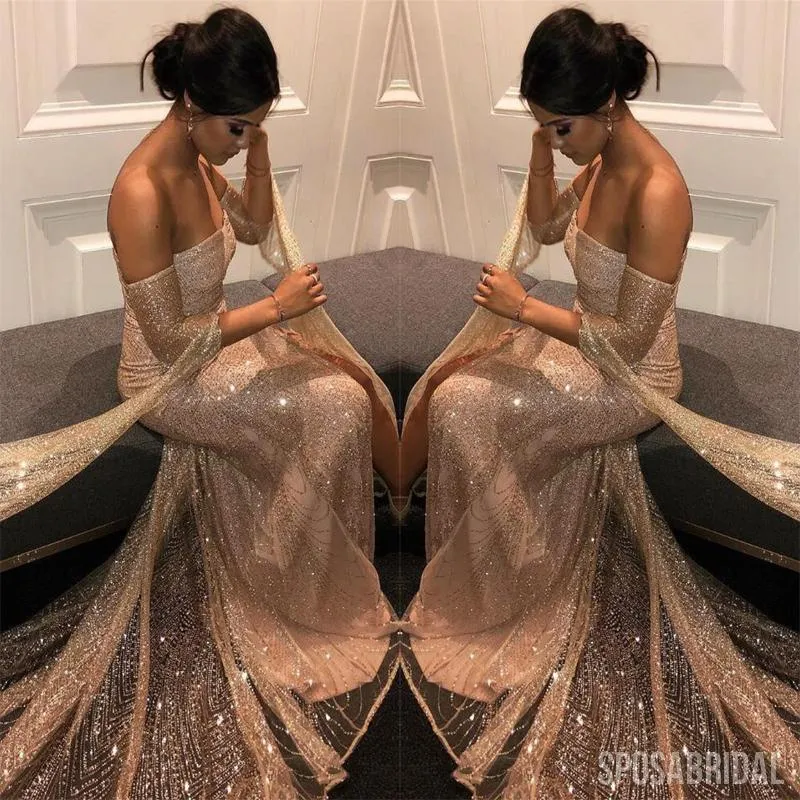 Charming Modest Long Sleeves Sequin Sparkly ELegant Formal Vintage Long Prom Dresses , PD1322
