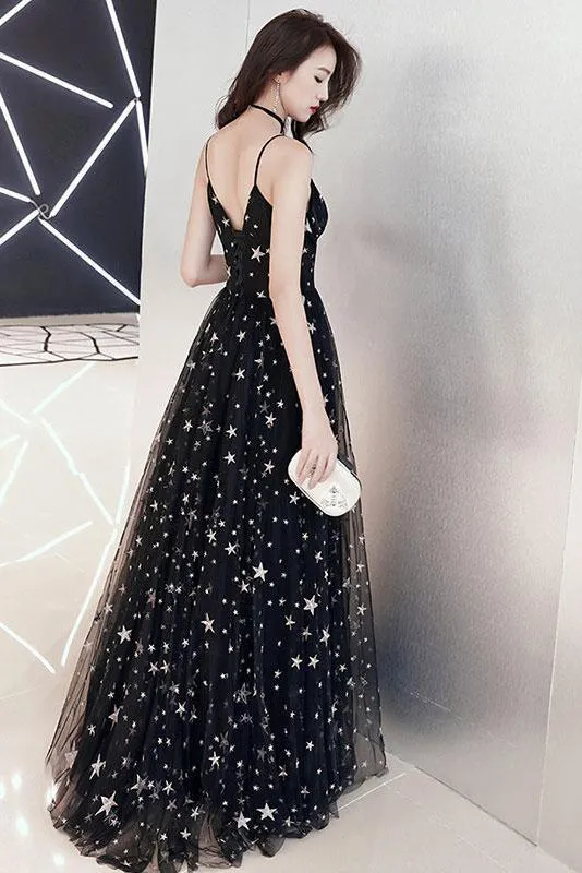Chic A-line Spaghetti Strap Floor-length Sleeveless Star Lace Long Black Tulle Prom Dress OHC132