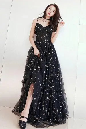 Chic A-line Spaghetti Strap Floor-length Sleeveless Star Lace Long Black Tulle Prom Dress OHC132