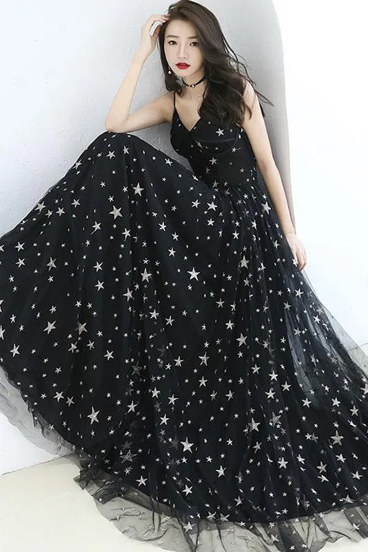 Chic A-line Spaghetti Strap Floor-length Sleeveless Star Lace Long Black Tulle Prom Dress OHC132