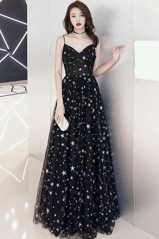Chic A-line Spaghetti Strap Floor-length Sleeveless Star Lace Long Black Tulle Prom Dress OHC132