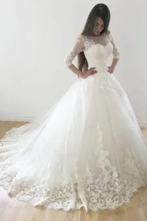 Chic Ball Gown Scoop Sweep Train Half Sleeves Tulle Wedding Dresses Bridal Gown OHD130