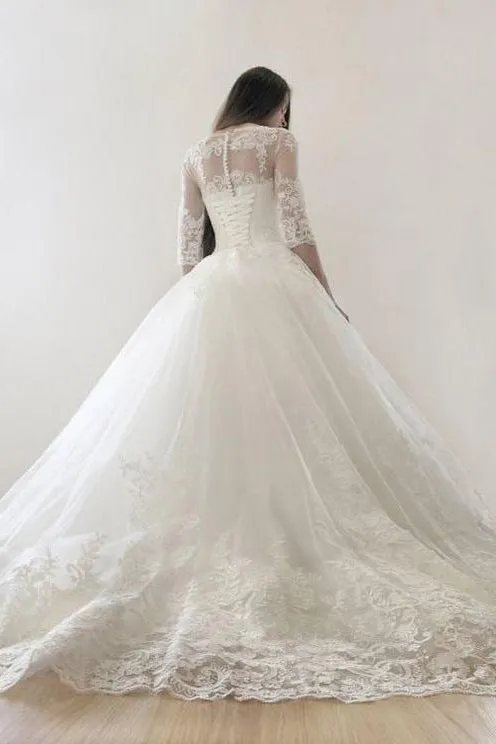 Chic Ball Gown Scoop Sweep Train Half Sleeves Tulle Wedding Dresses Bridal Gown OHD130