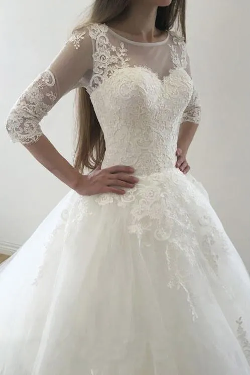 Chic Ball Gown Scoop Sweep Train Half Sleeves Tulle Wedding Dresses Bridal Gown OHD130