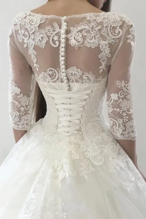 Chic Ball Gown Scoop Sweep Train Half Sleeves Tulle Wedding Dresses Bridal Gown OHD130