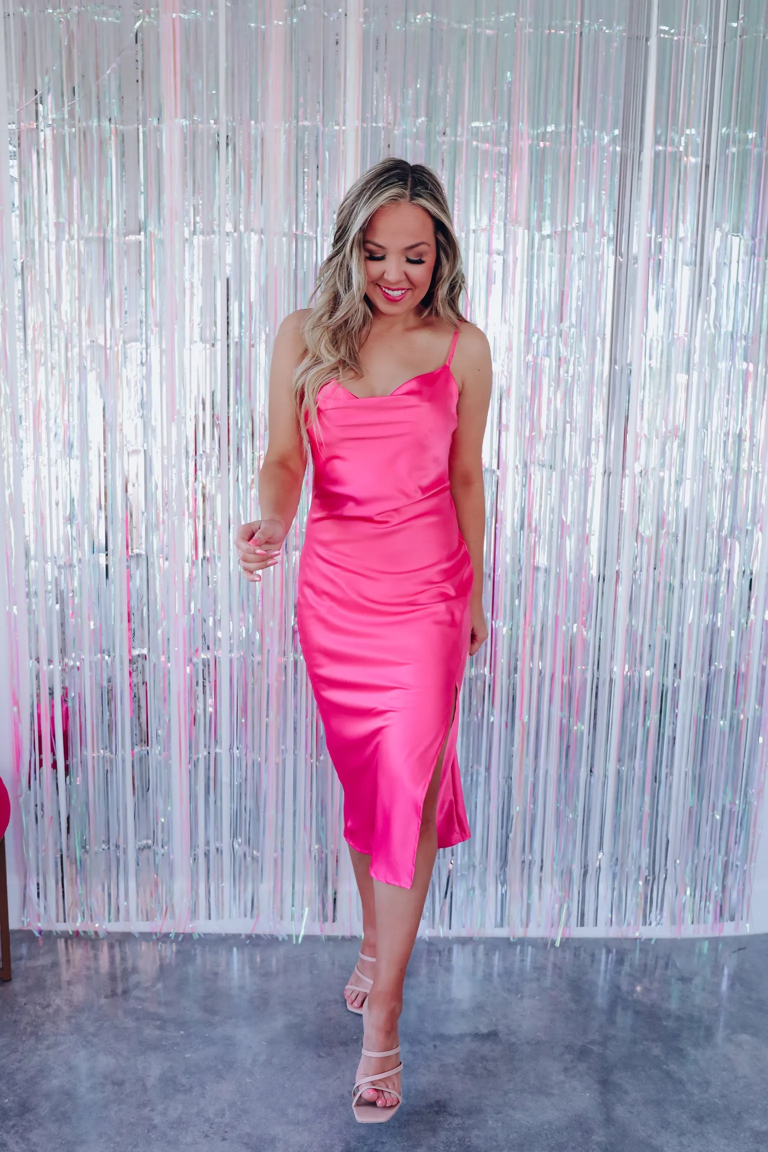 Chichi Cowl Neck Satin Midi Dress - Hot Pink
