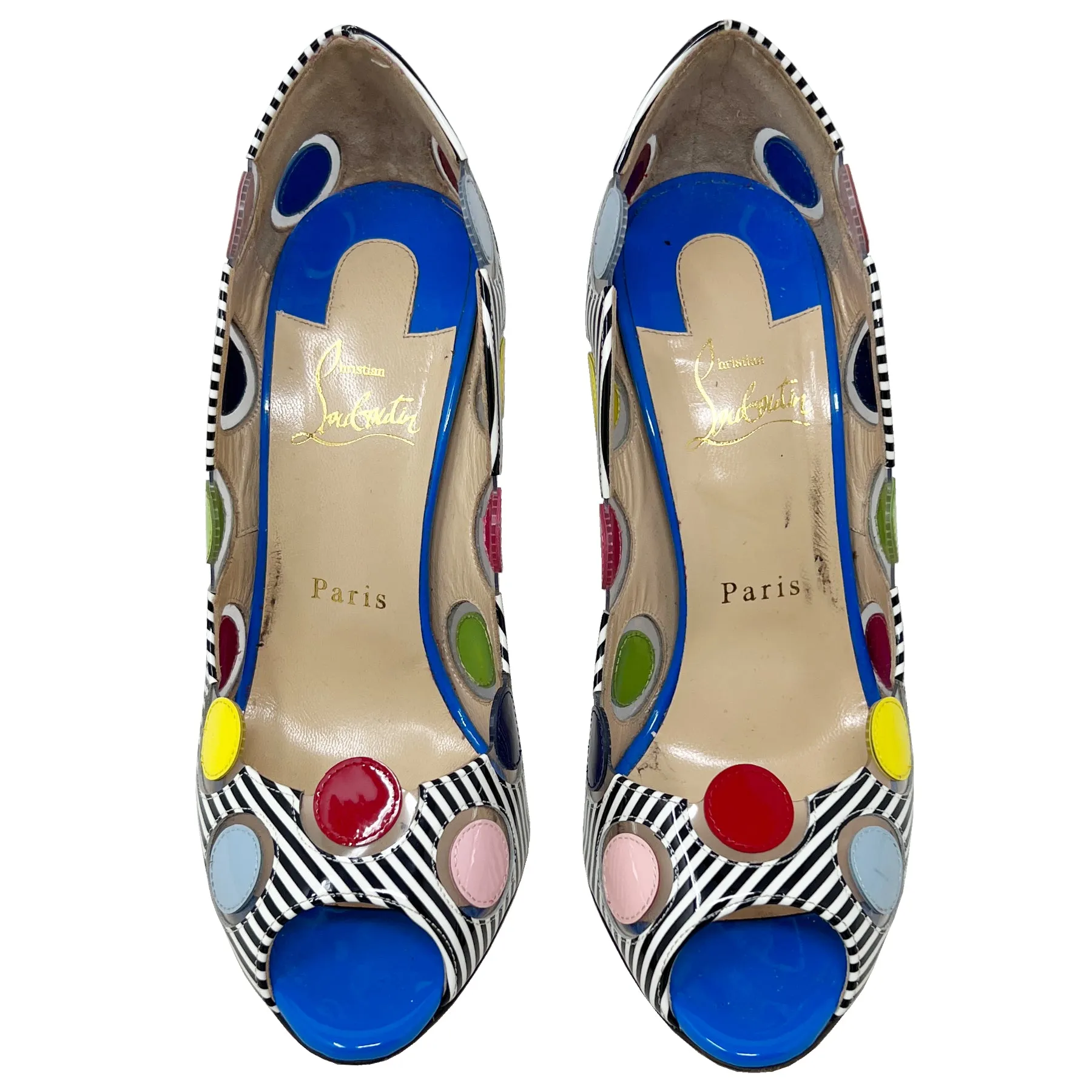 Christian Louboutin 40 Ladybug 100 Multicolor Polka Dot Striped Peep Toe Pumps Size EU 38