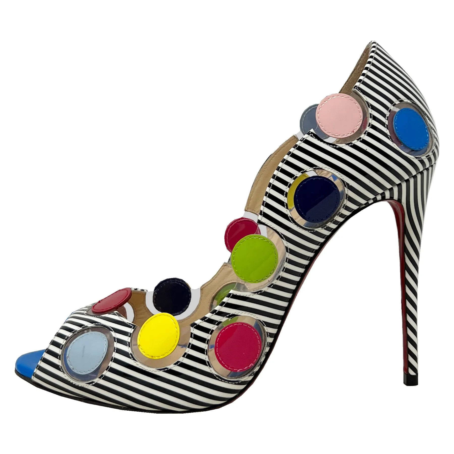Christian Louboutin 40 Ladybug 100 Multicolor Polka Dot Striped Peep Toe Pumps Size EU 38