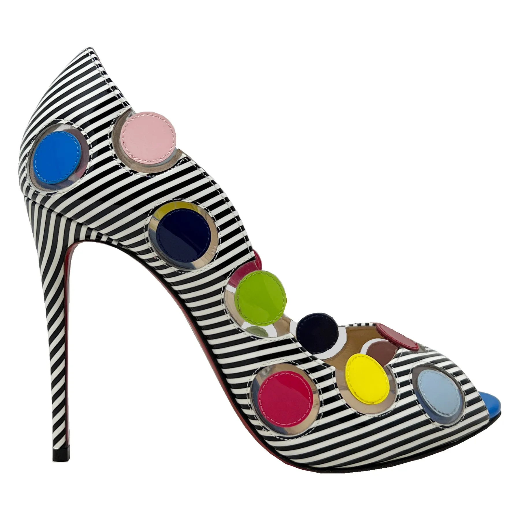 Christian Louboutin 40 Ladybug 100 Multicolor Polka Dot Striped Peep Toe Pumps Size EU 38