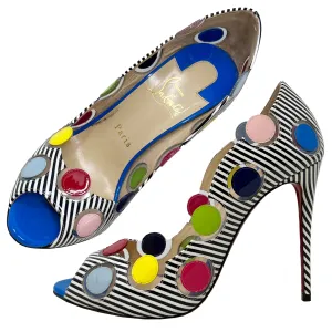 Christian Louboutin 40 Ladybug 100 Multicolor Polka Dot Striped Peep Toe Pumps Size EU 38
