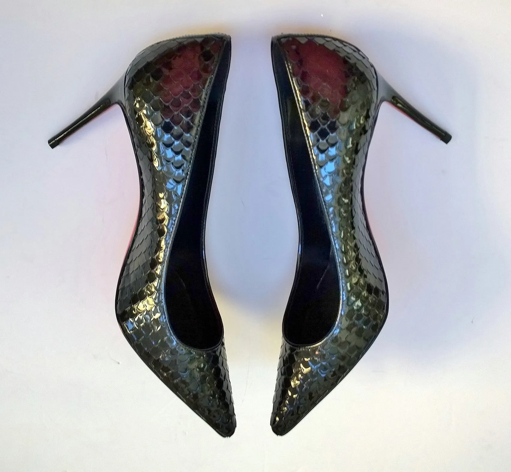 Christian Louboutin Kate 85 Black Patent Snake Embossed Heels