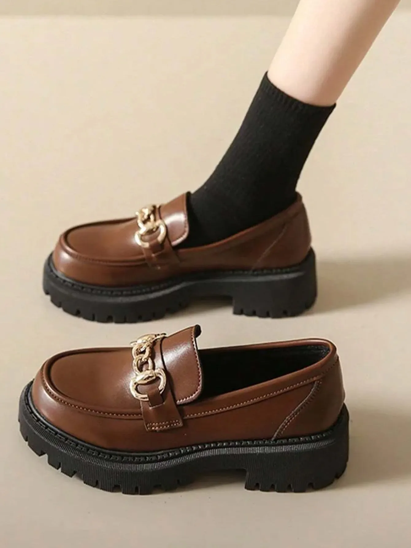 Chunky Heel Loafers With Thickened Sole