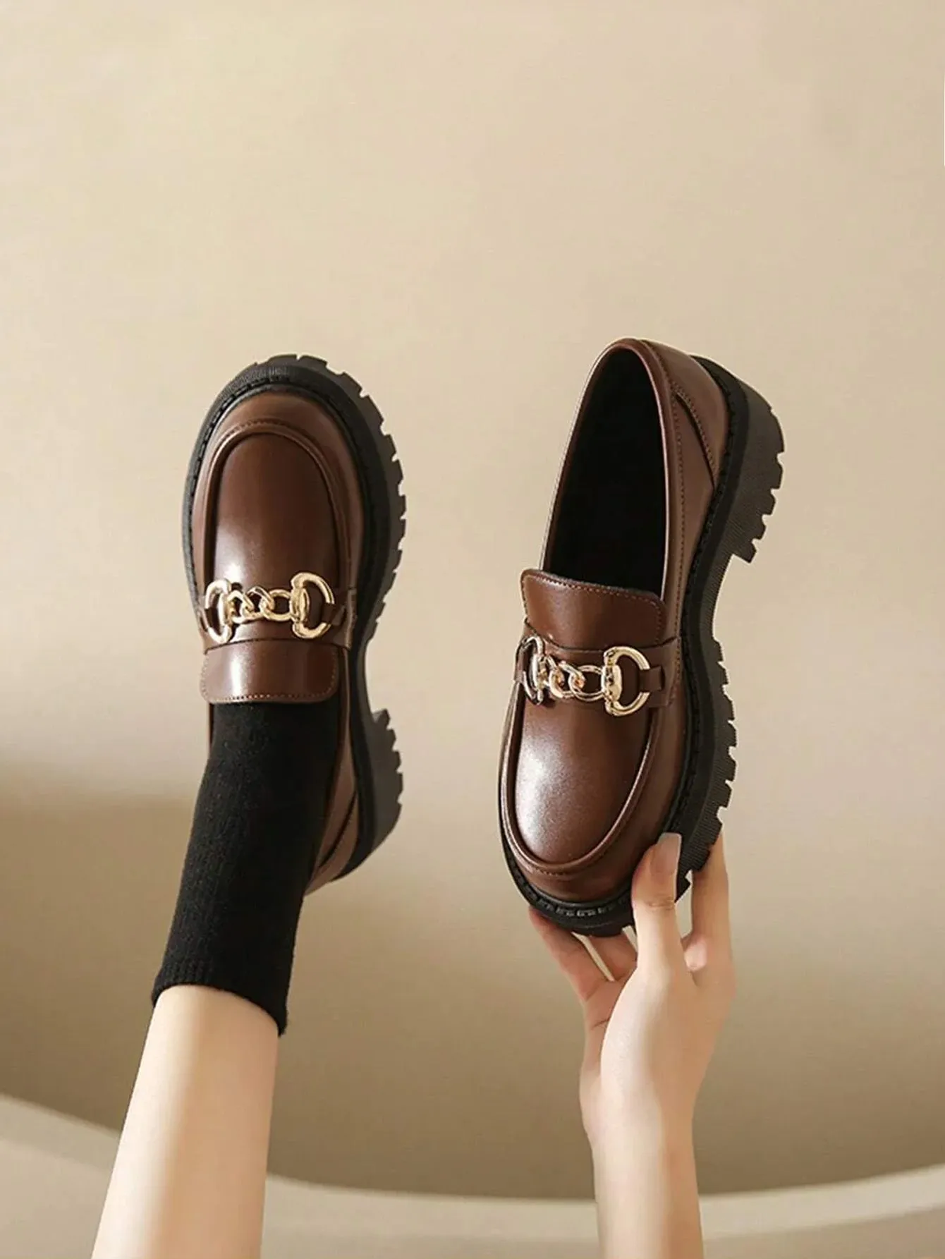 Chunky Heel Loafers With Thickened Sole