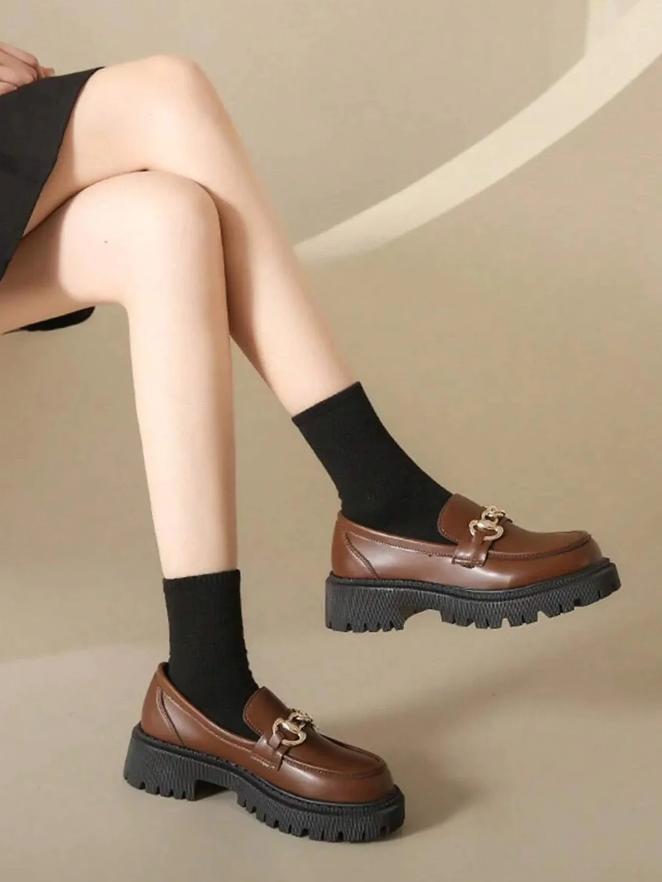 Chunky Heel Loafers With Thickened Sole