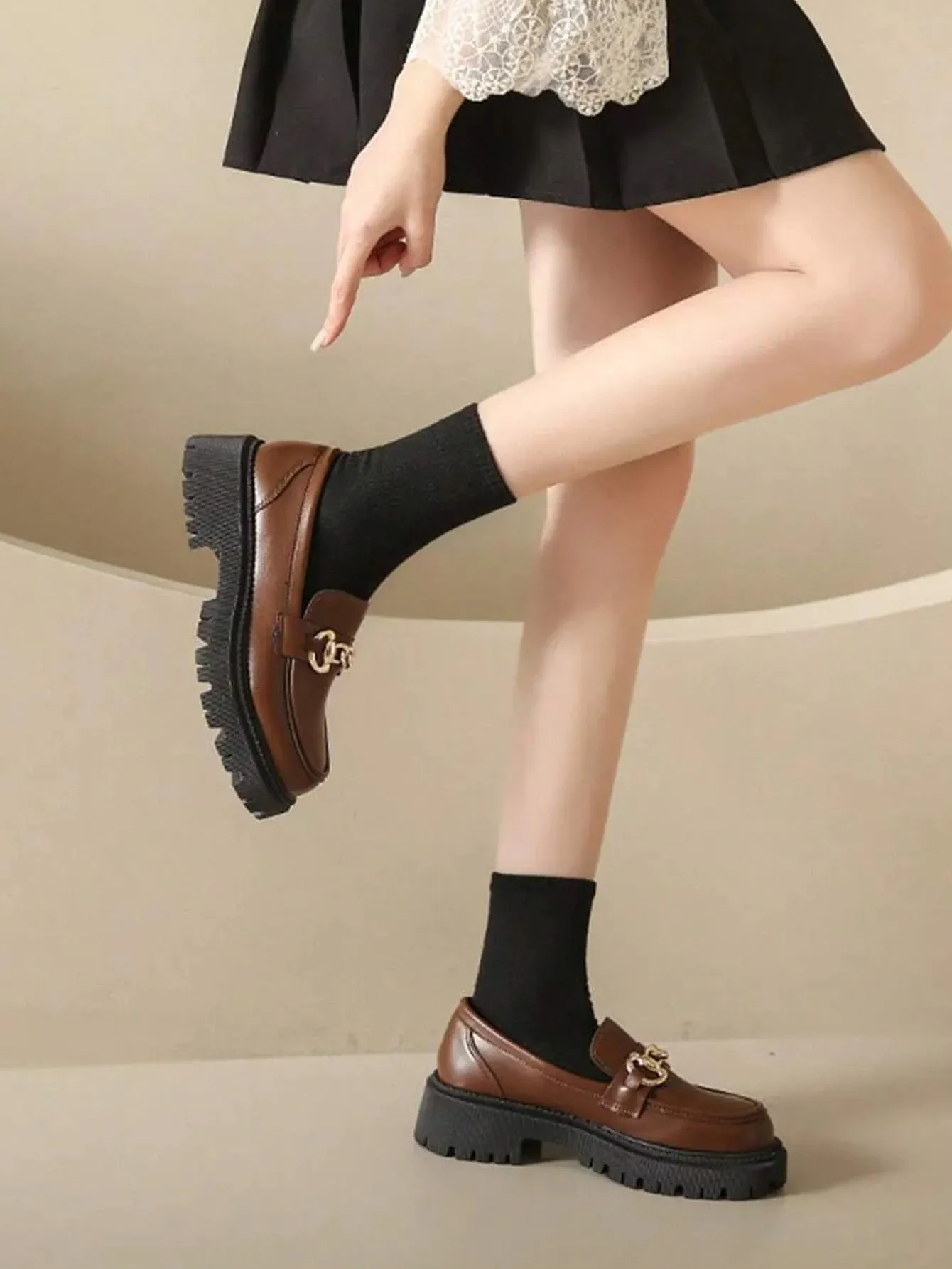 Chunky Heel Loafers With Thickened Sole